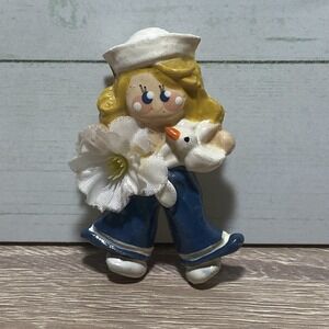 Vintage Plastic Sailor Girl With Bird ~ Hand Painted Brooch